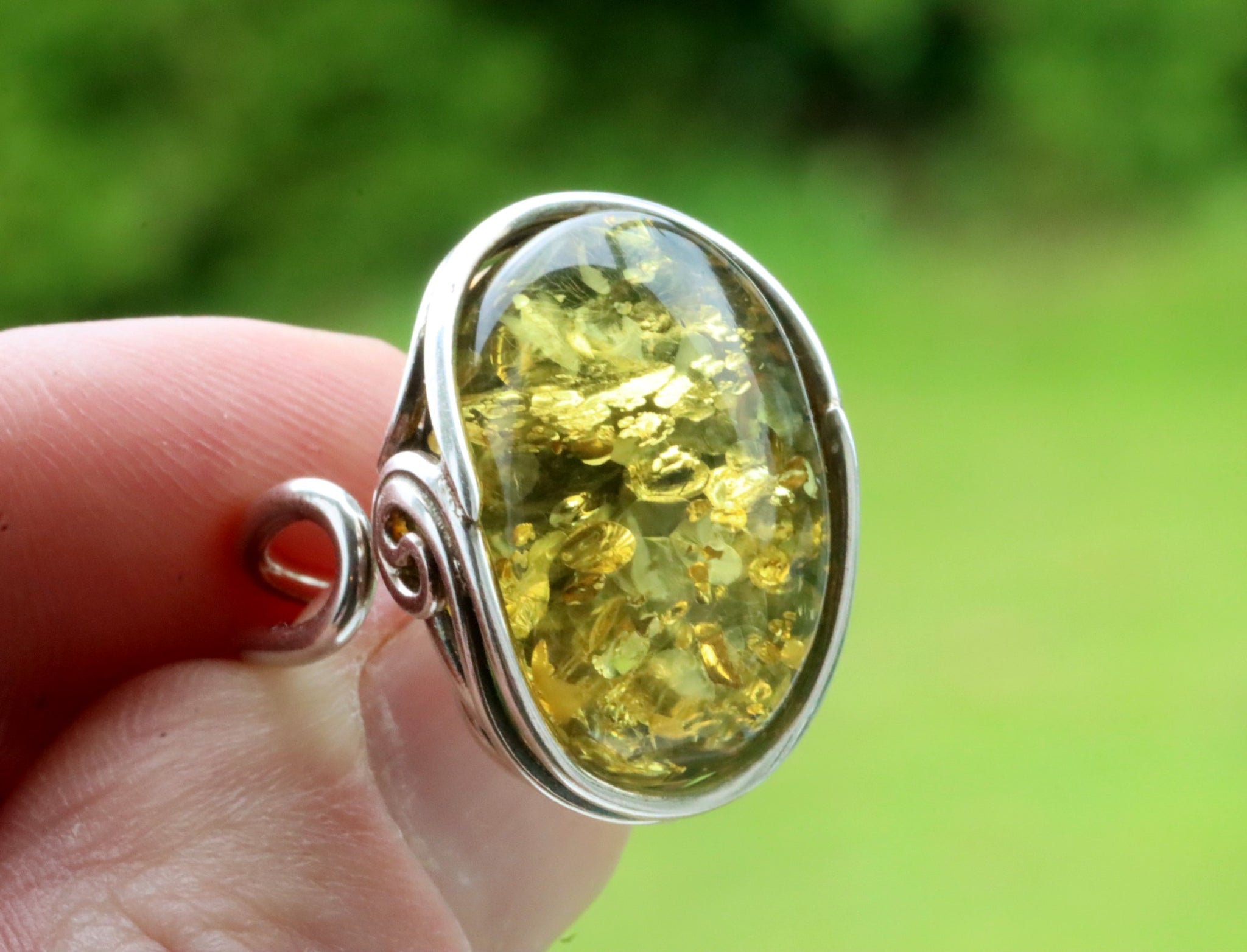 Green Amber and Sterling Silver Ring / Free Pendant Included