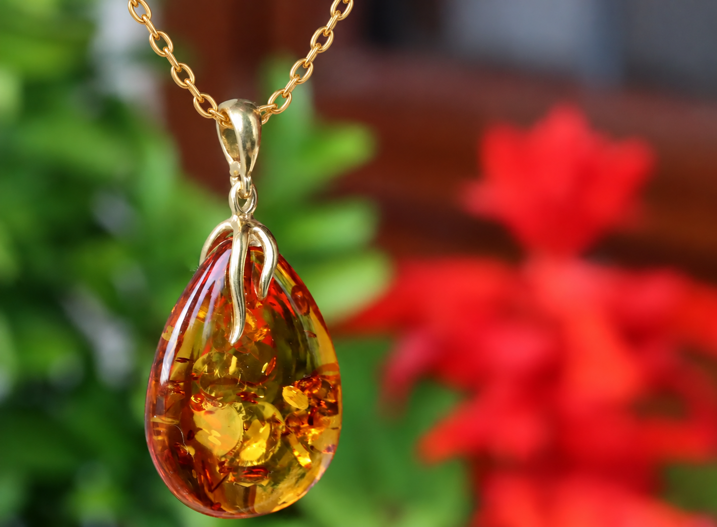 Radiant Baltic Amber Teardrop Pendant on Gold-Plated Silver
