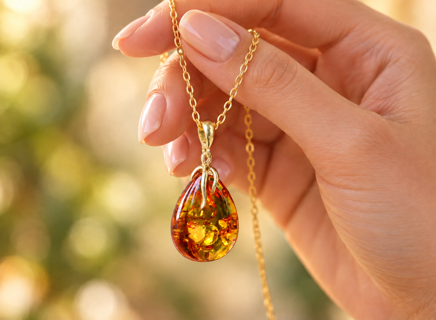 Radiant Baltic Amber Teardrop Pendant on Gold-Plated Silver