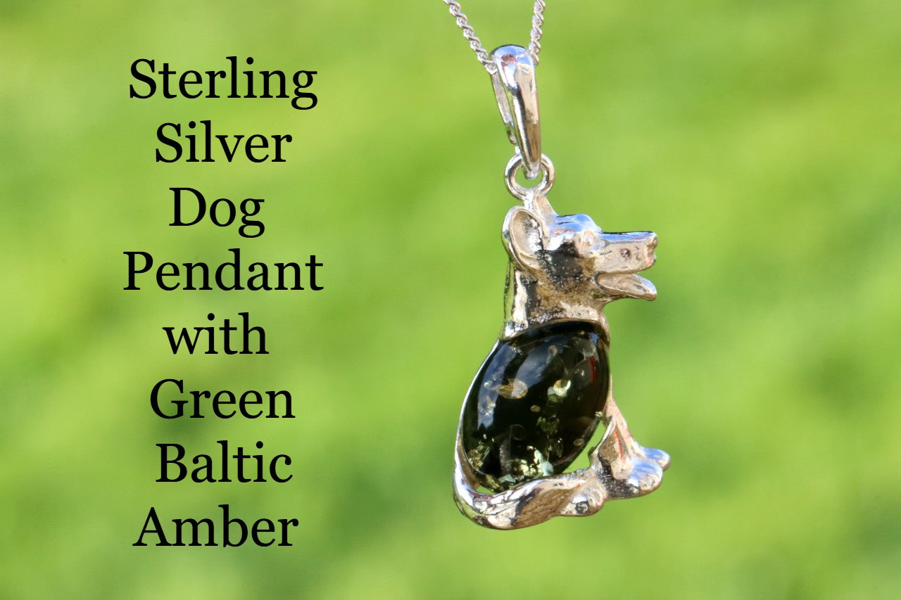 Sterling Silver Dog Pendant with Green Baltic Amber