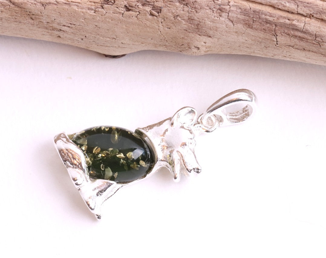 Sterling Silver Dog Pendant with Green Baltic Amber