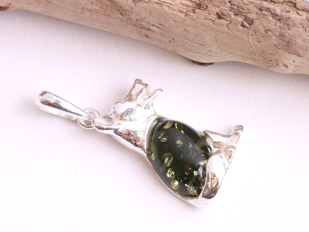 Sterling Silver Dog Pendant with Green Baltic Amber