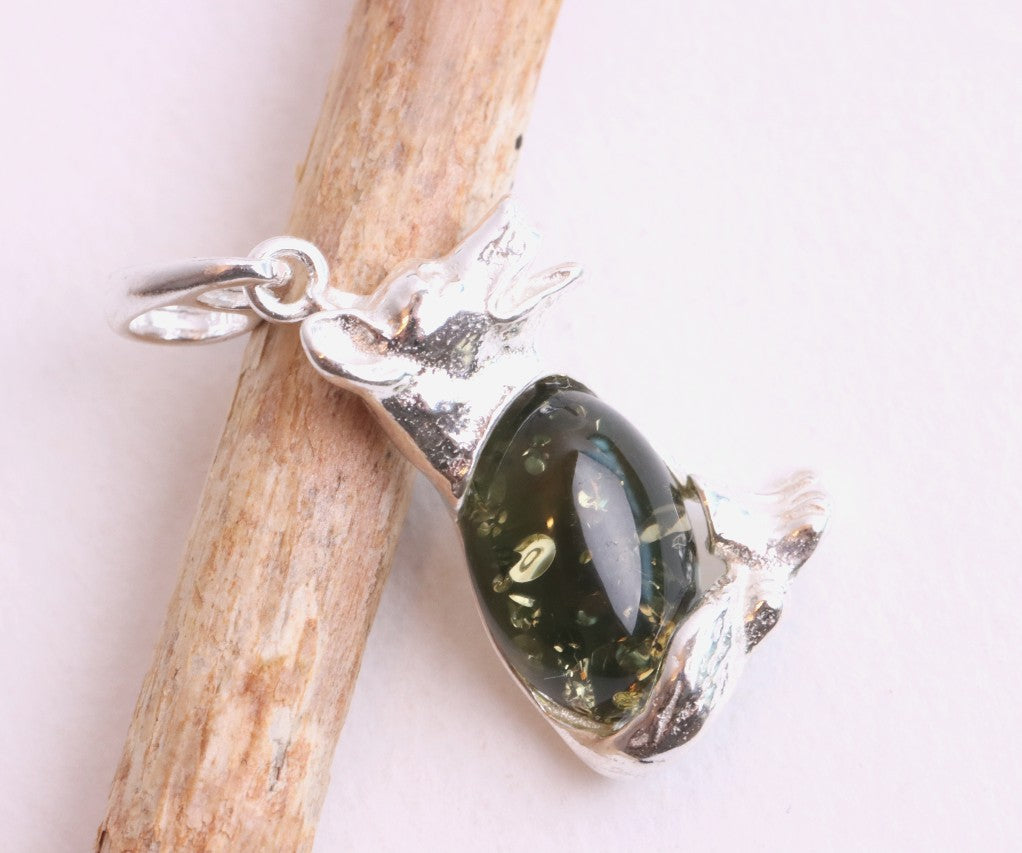 Sterling Silver Dog Pendant with Green Baltic Amber