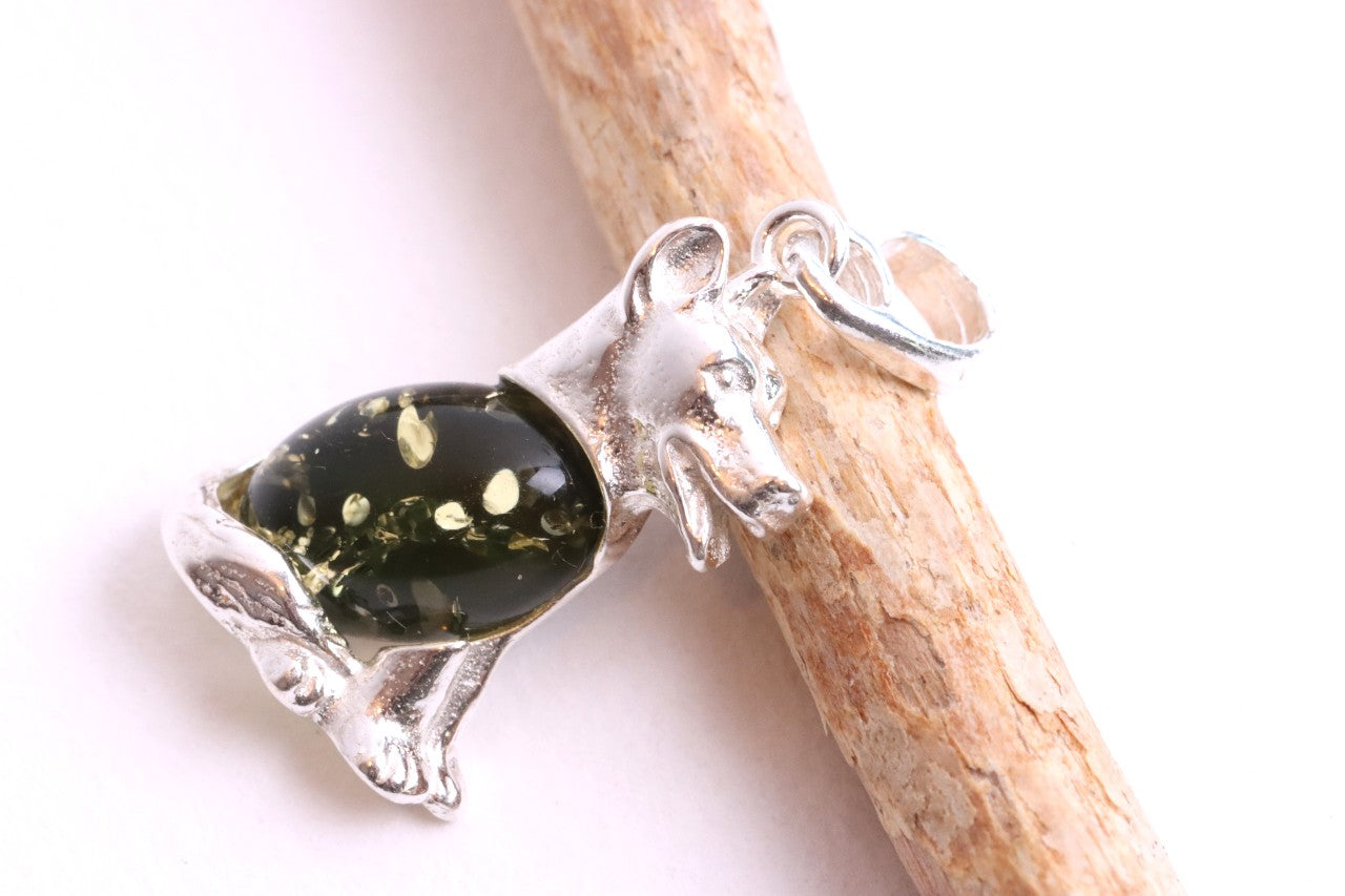 Sterling Silver Dog Pendant with Green Baltic Amber
