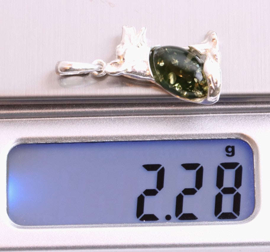 Sterling Silver Dog Pendant with Green Baltic Amber