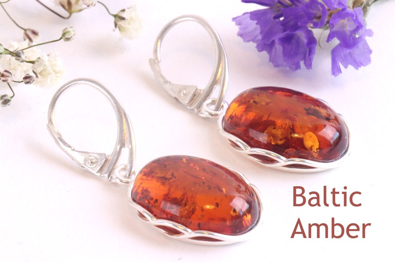 Drop Amber Earrings on 925 Sterling Silver.