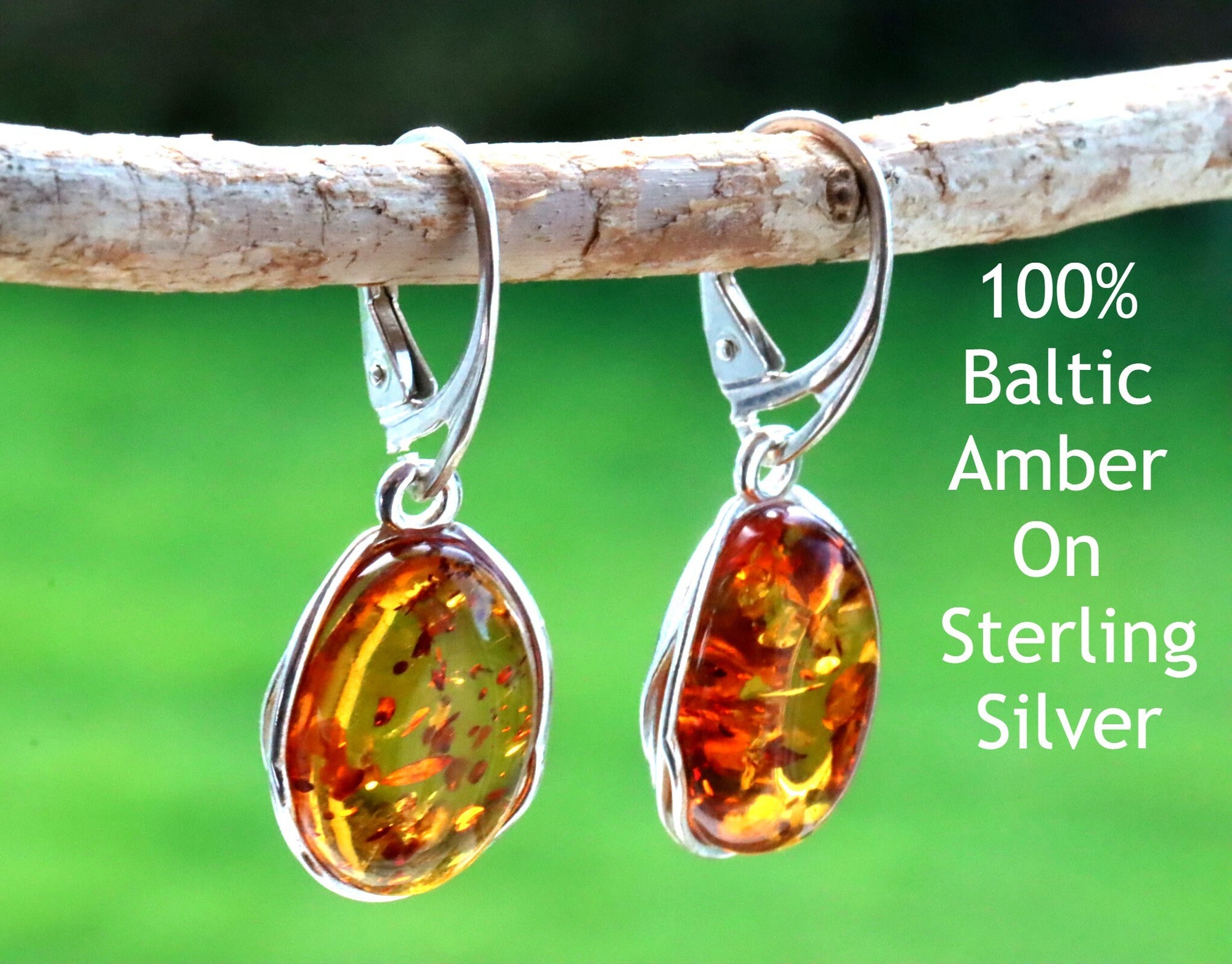 Drop Amber Earrings on 925 Sterling Silver.