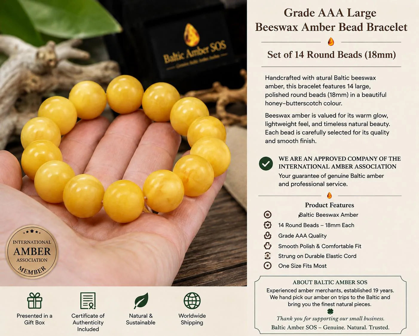 AAA Beeswax Amber Bracelet – 14 Large 18mm Beads.