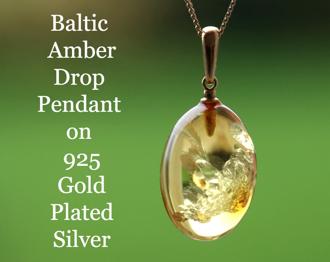 A best seller only one left Baltic Amber Drop Pendant on 925 Gold-Plated Silver