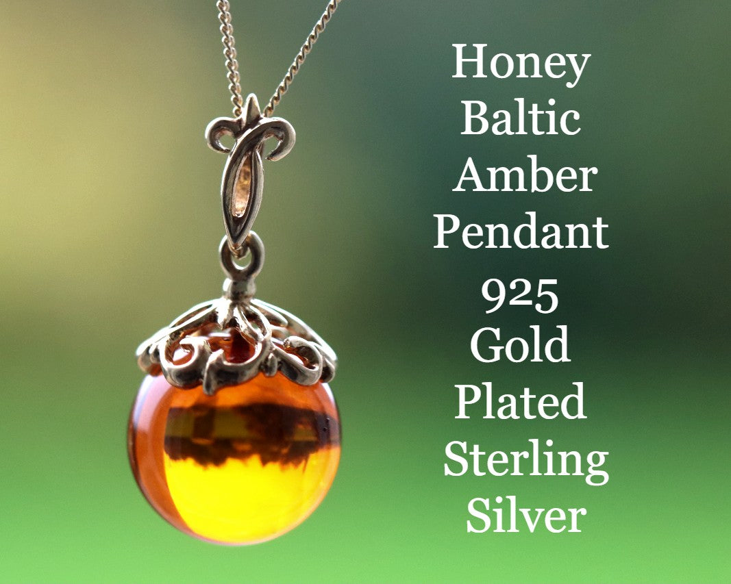 Honey Baltic Amber Pendant – 925 Gold Plated Sterling Silver