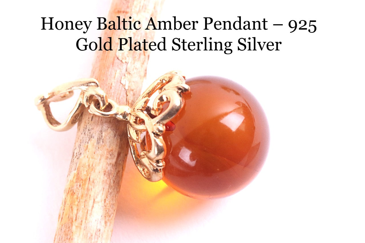Honey Baltic Amber Pendant – 925 Gold Plated Sterling Silver