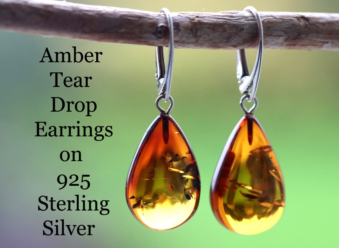 Amber Teardrop Earrings on 925 Sterling Silver