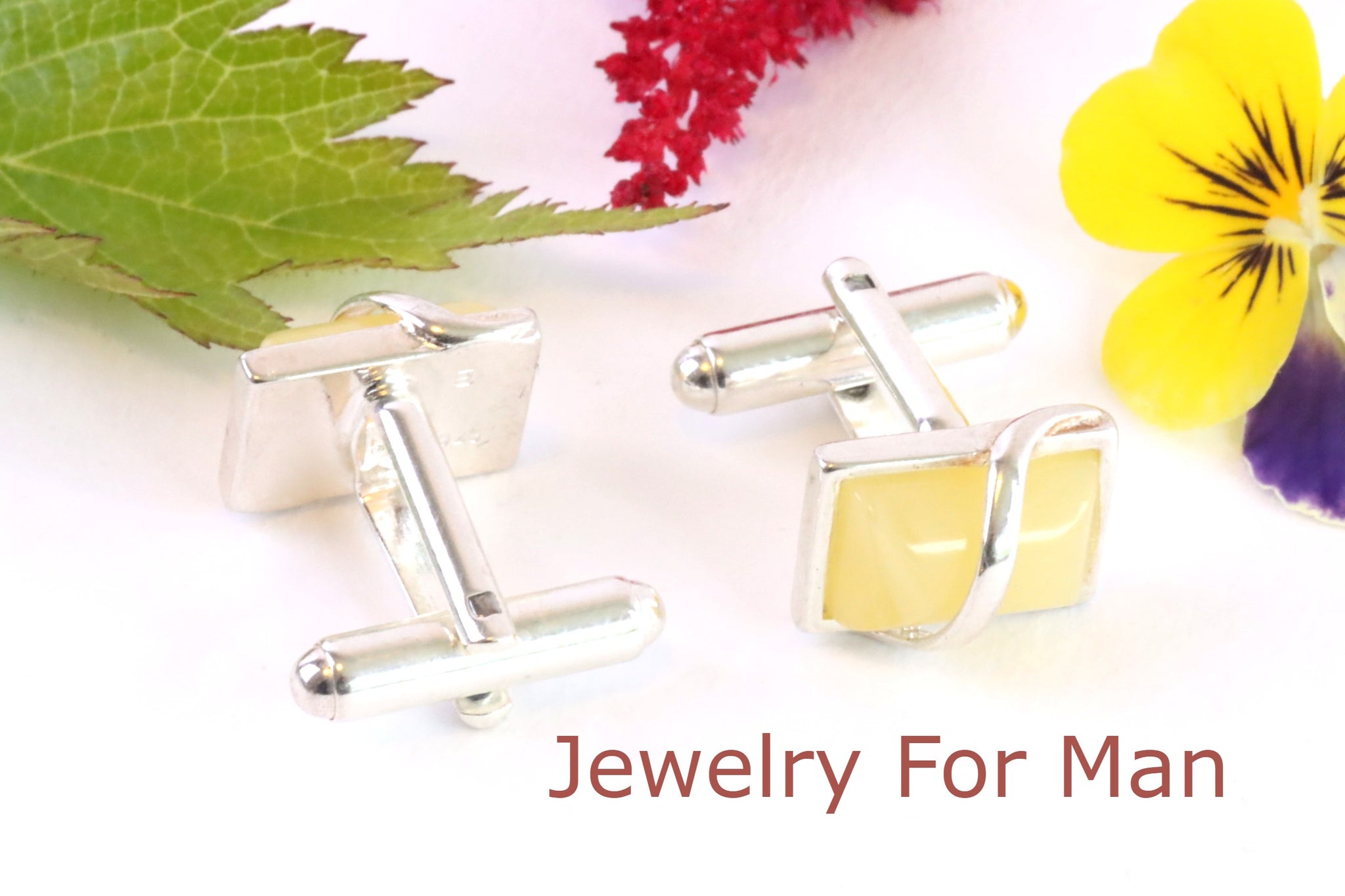 White Amber and Silver Cufflinks