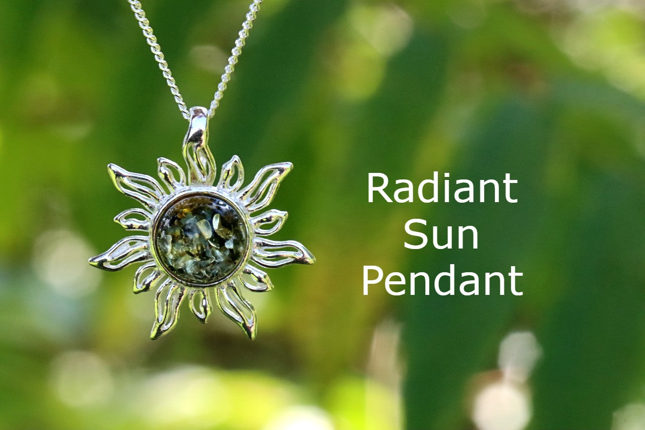 Radiant Sun Pendant – 925 Sterling Silver with Green Baltic Amber
