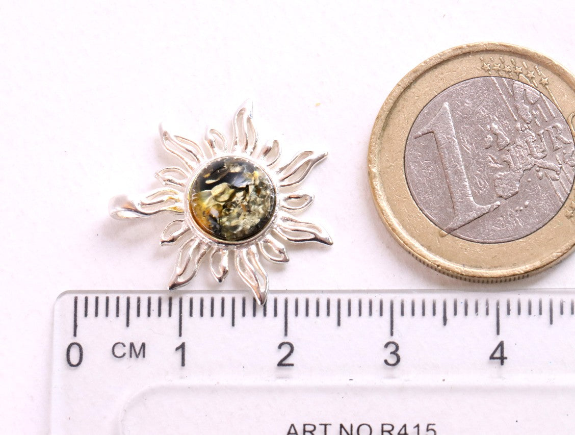 Radiant Sun Pendant – 925 Sterling Silver with Green Baltic Amber