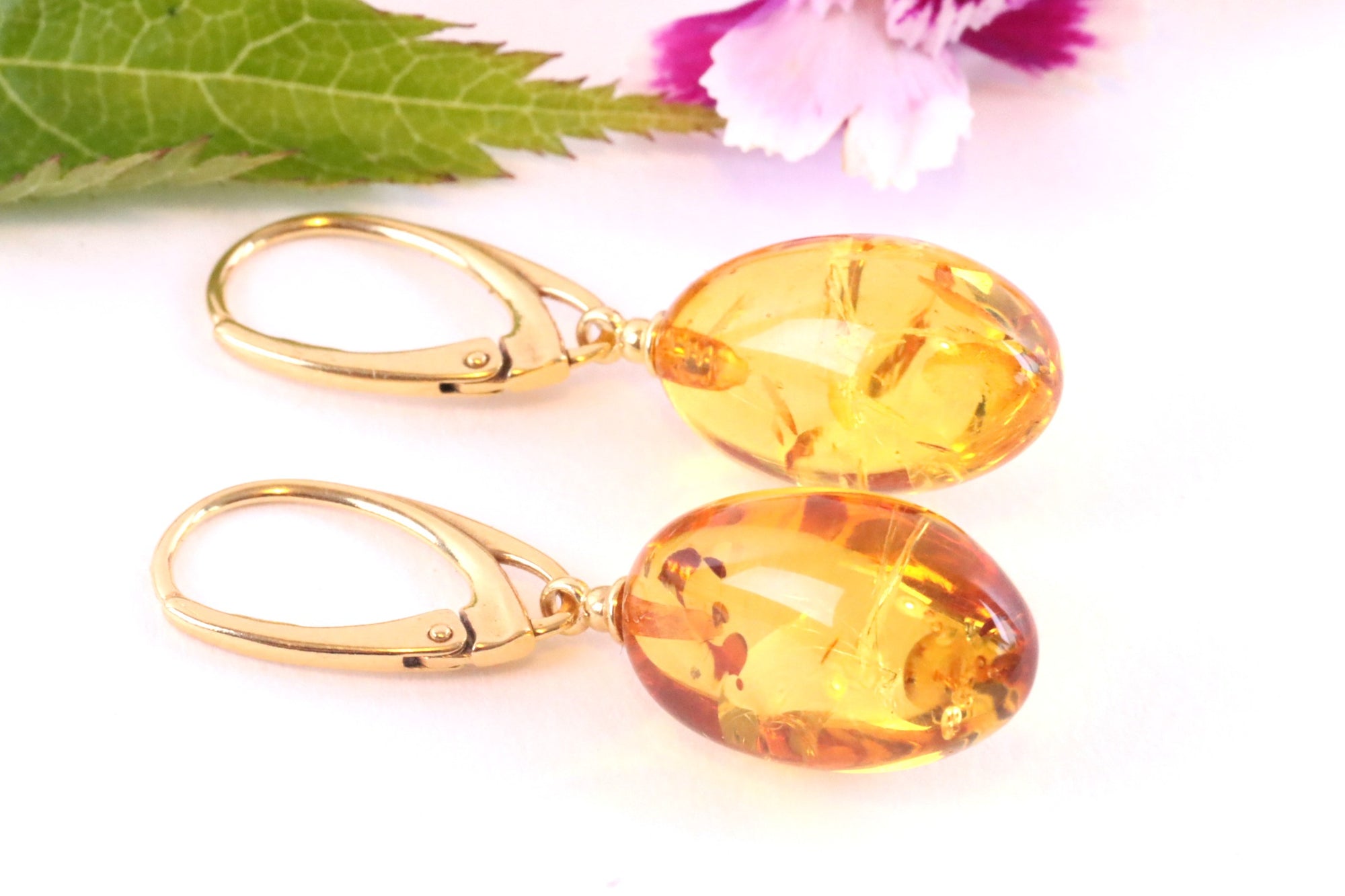 Special Offer Hand Made Baltic Amber Gold Plated Tear Drop Earrings