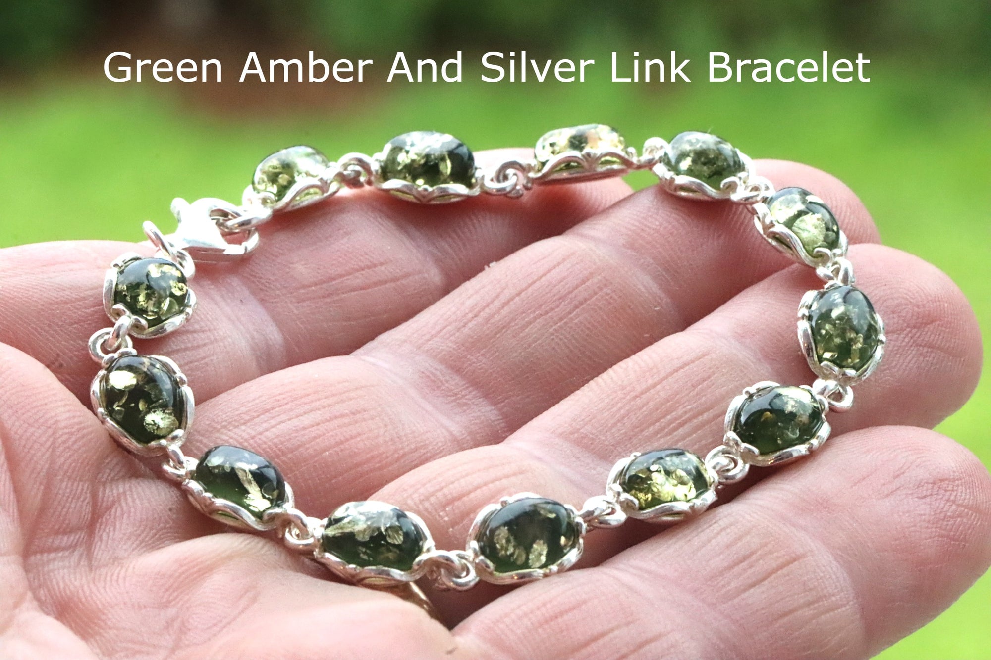 Green Baltic Amber Silver Link Bracelet