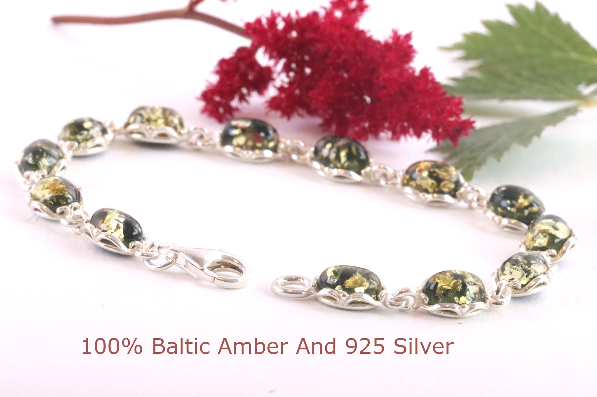 Green Baltic Amber Silver Link Bracelet