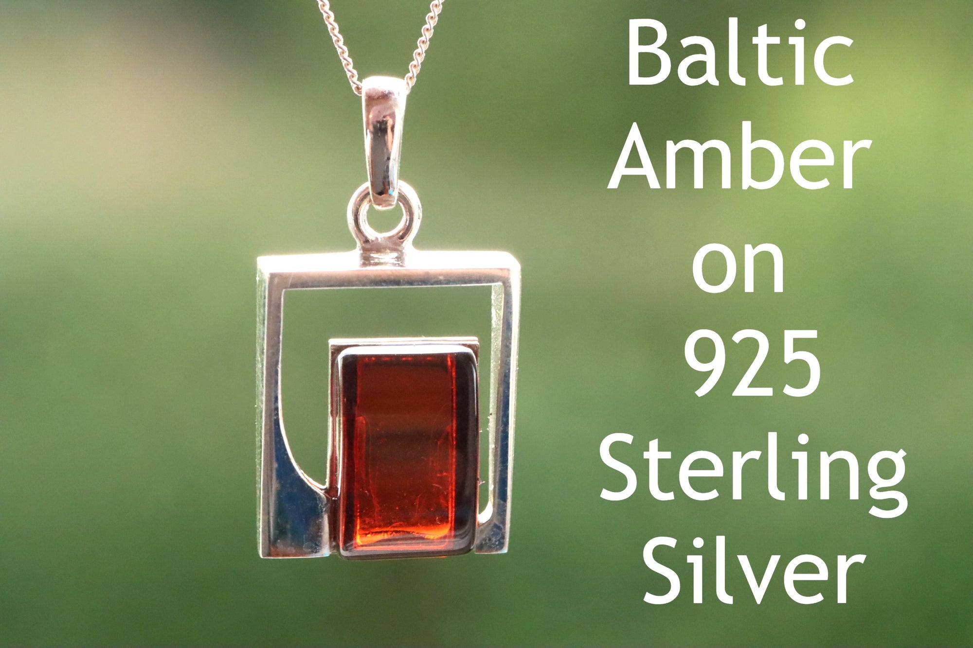 Silver Square Amber Gemstone Pendant.