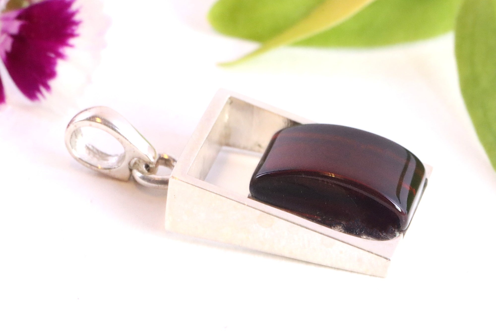 Silver Square Amber Gemstone Pendant.