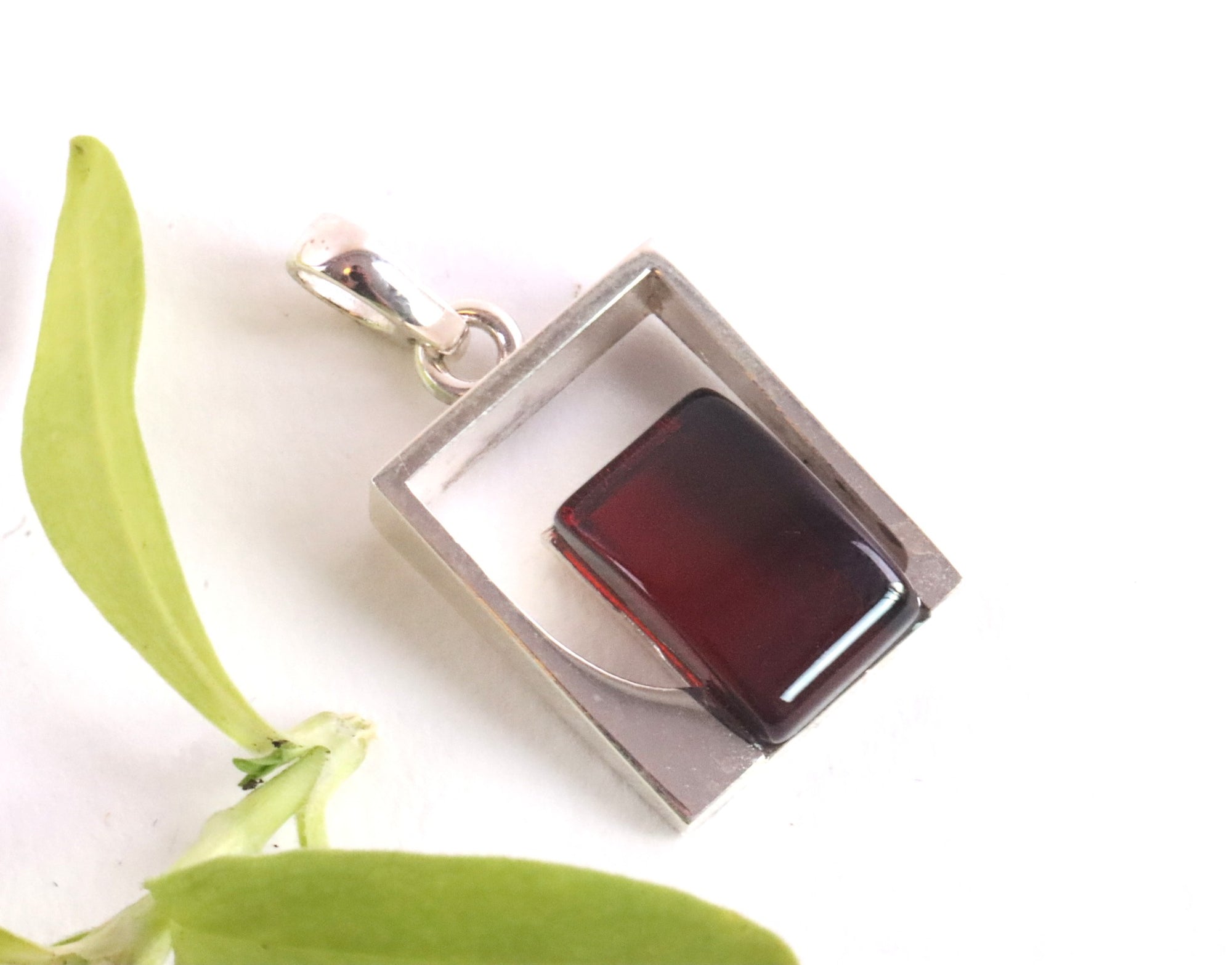 Silver Square Amber Gemstone Pendant.