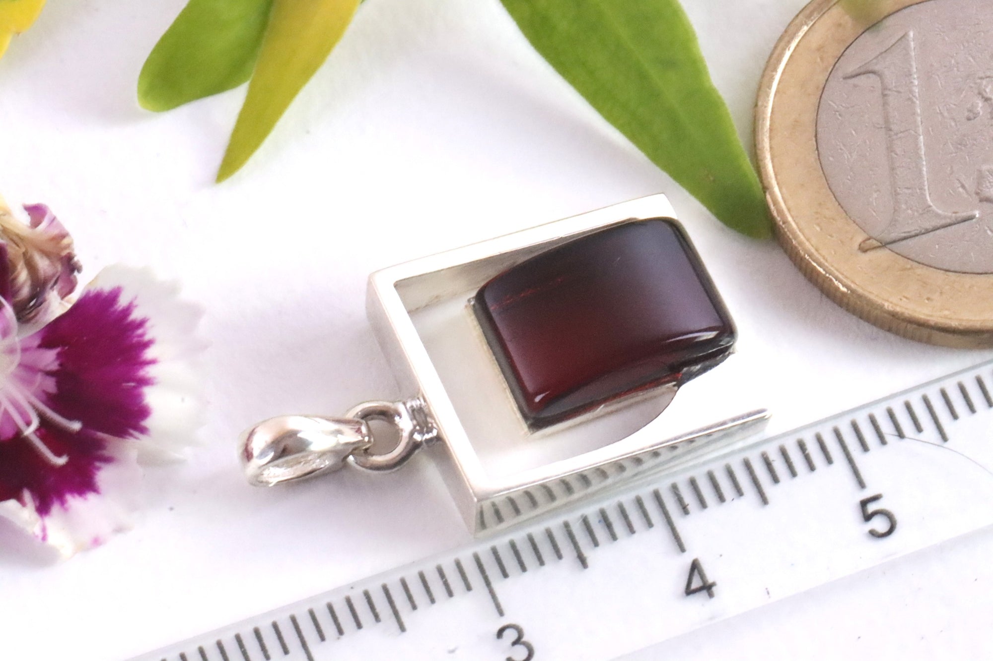 Silver Square Amber Gemstone Pendant.