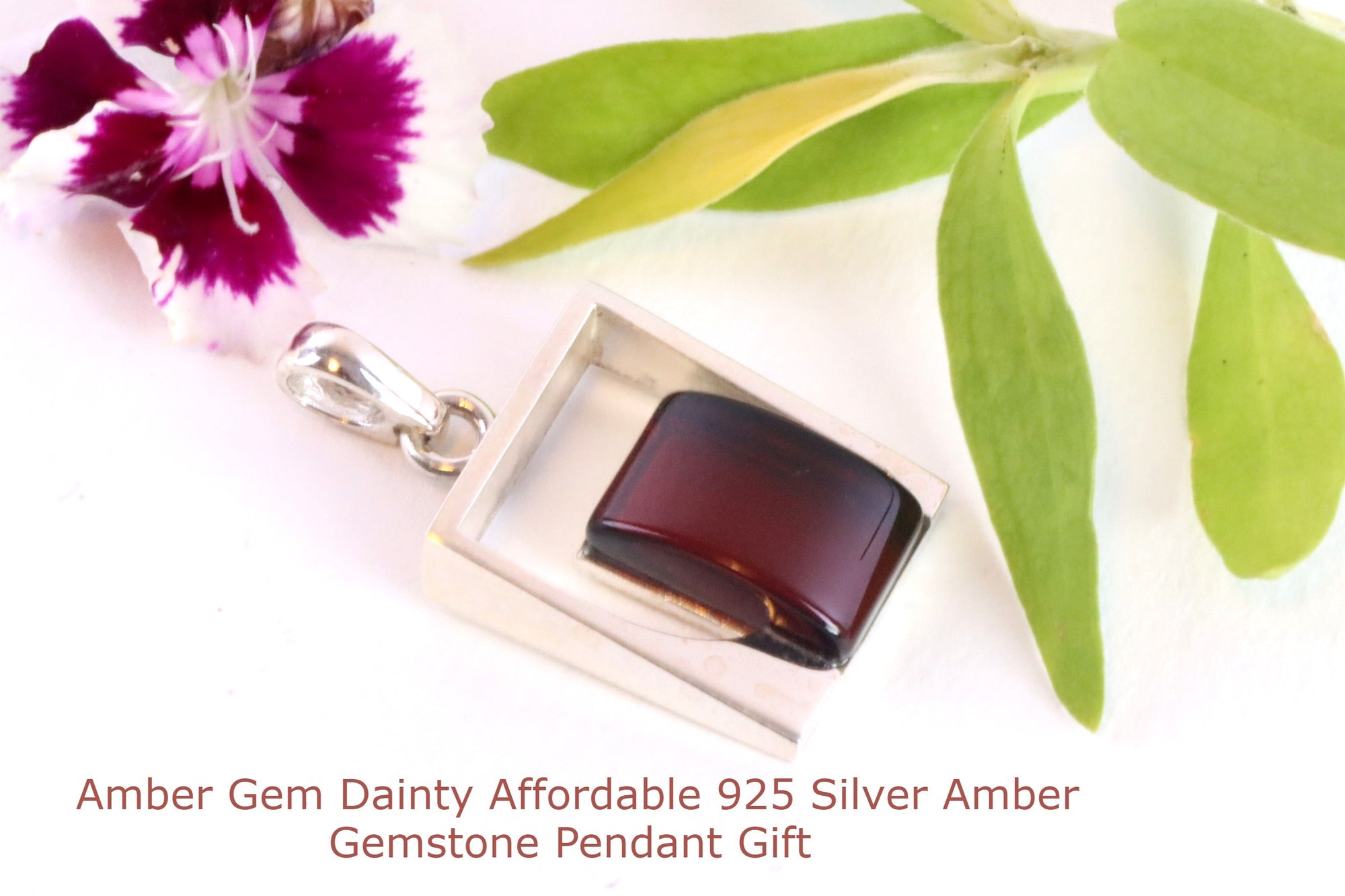 Silver Square Amber Gemstone Pendant.