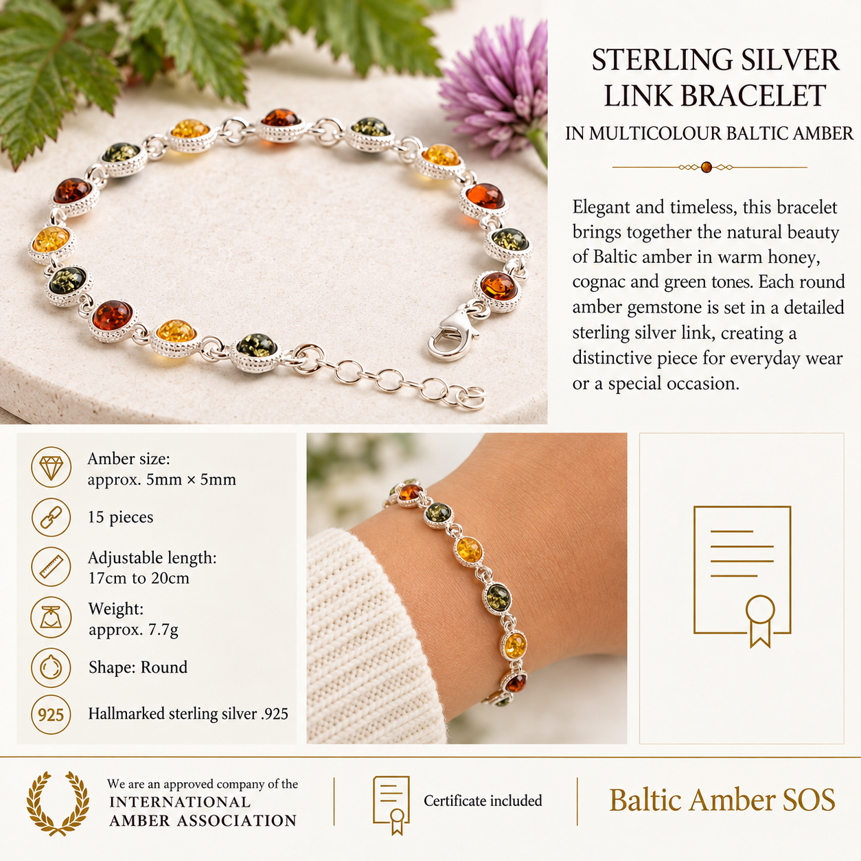 Sterling Silver & Mixed Amber Link Bracelet