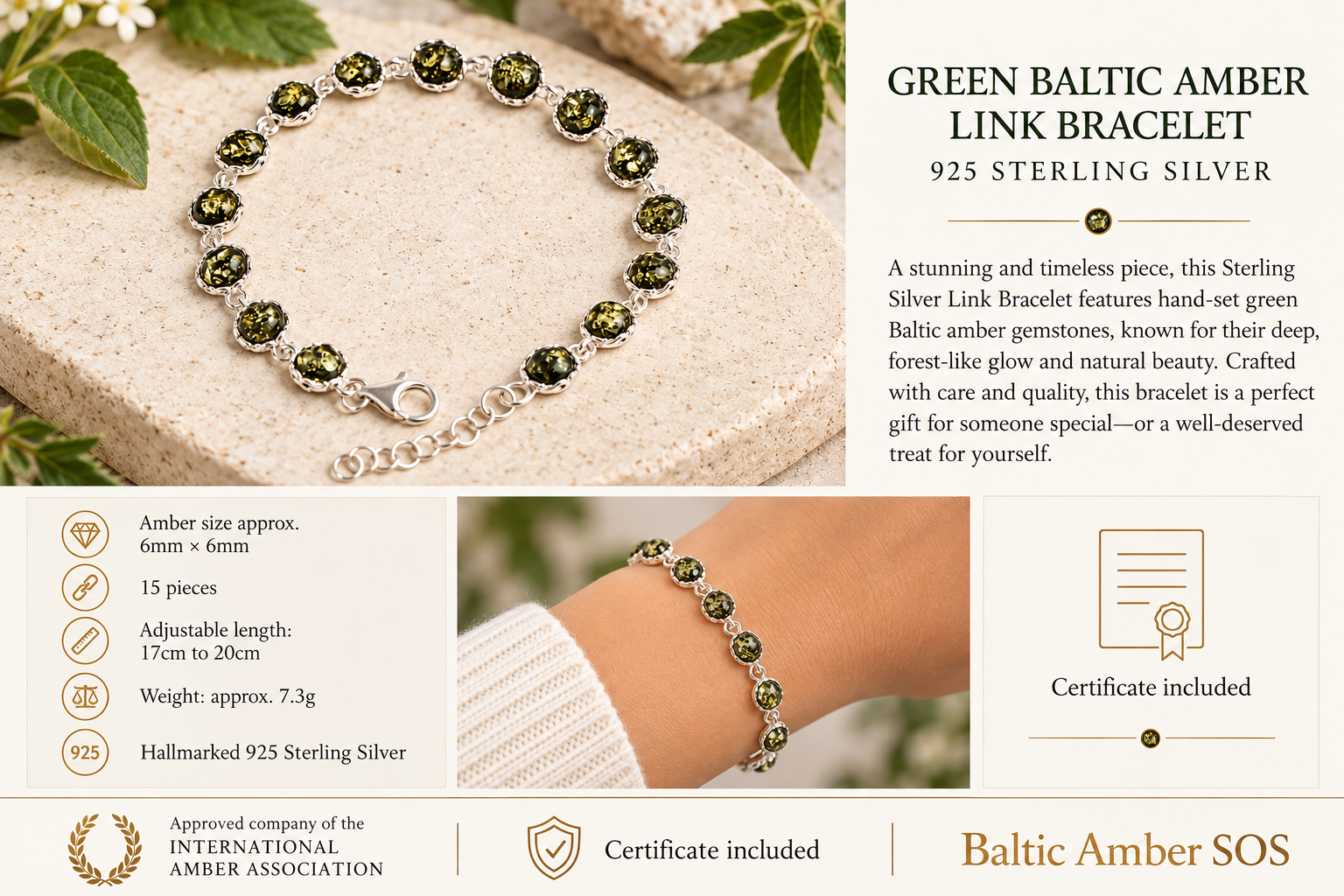 Sterling Silver Link Bracelet with Green Baltic Amber