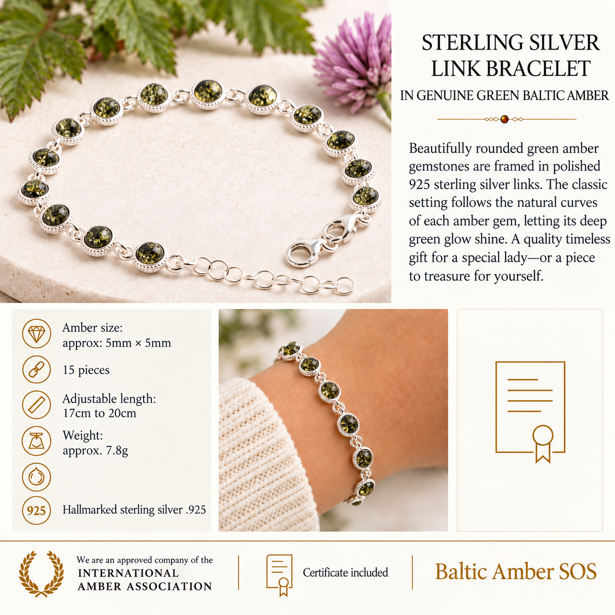 Silver Link Bracelet, Quality Silver and Green Amber Gemstone Bracelet