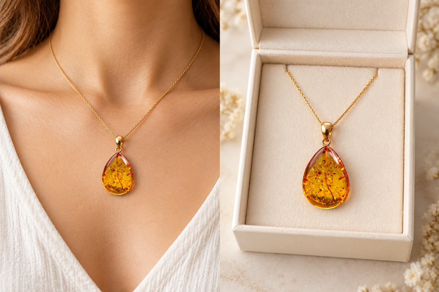 Classic Large Tear Drop Baltic Amber Pendant on Gold Plated Sterling Silver