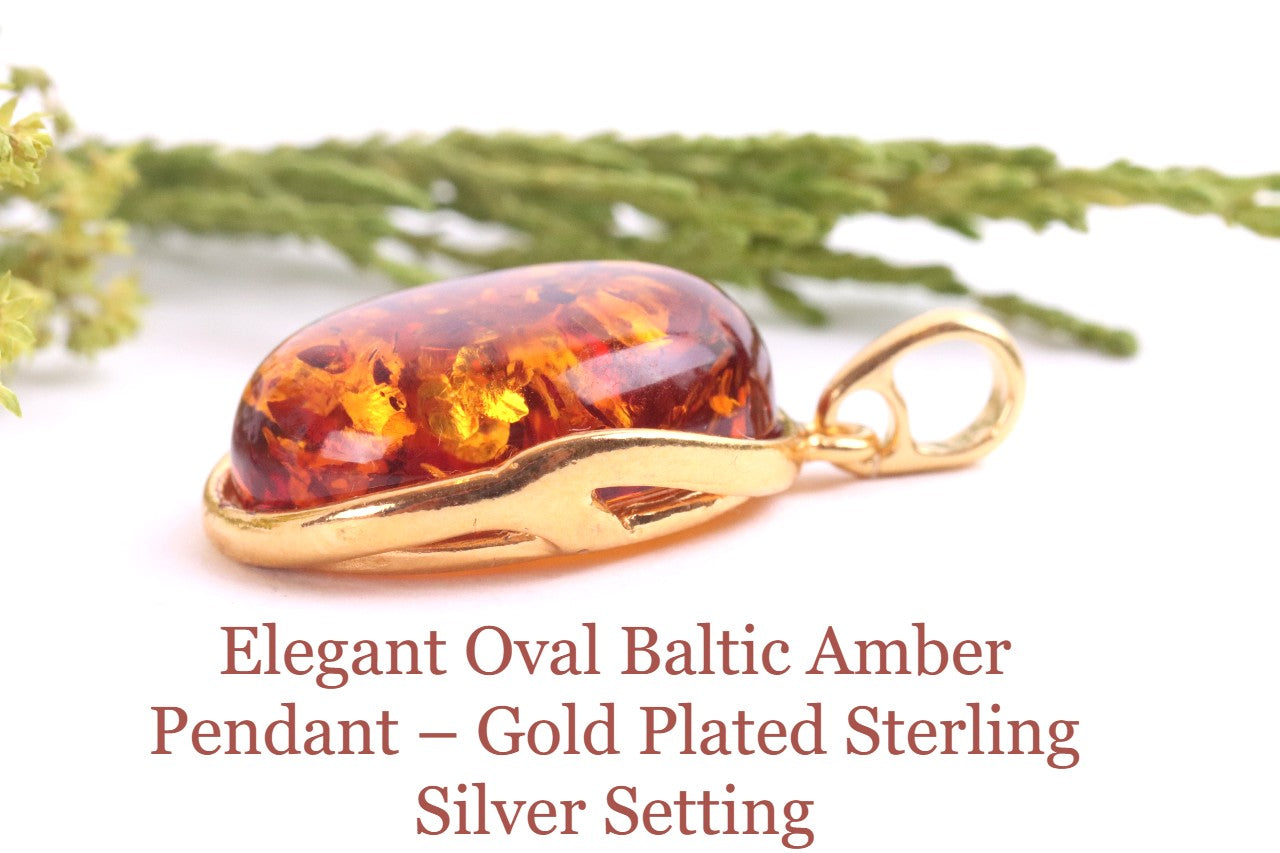 Oval Baltic Amber Pendant on Gold Plated Sterling Silver