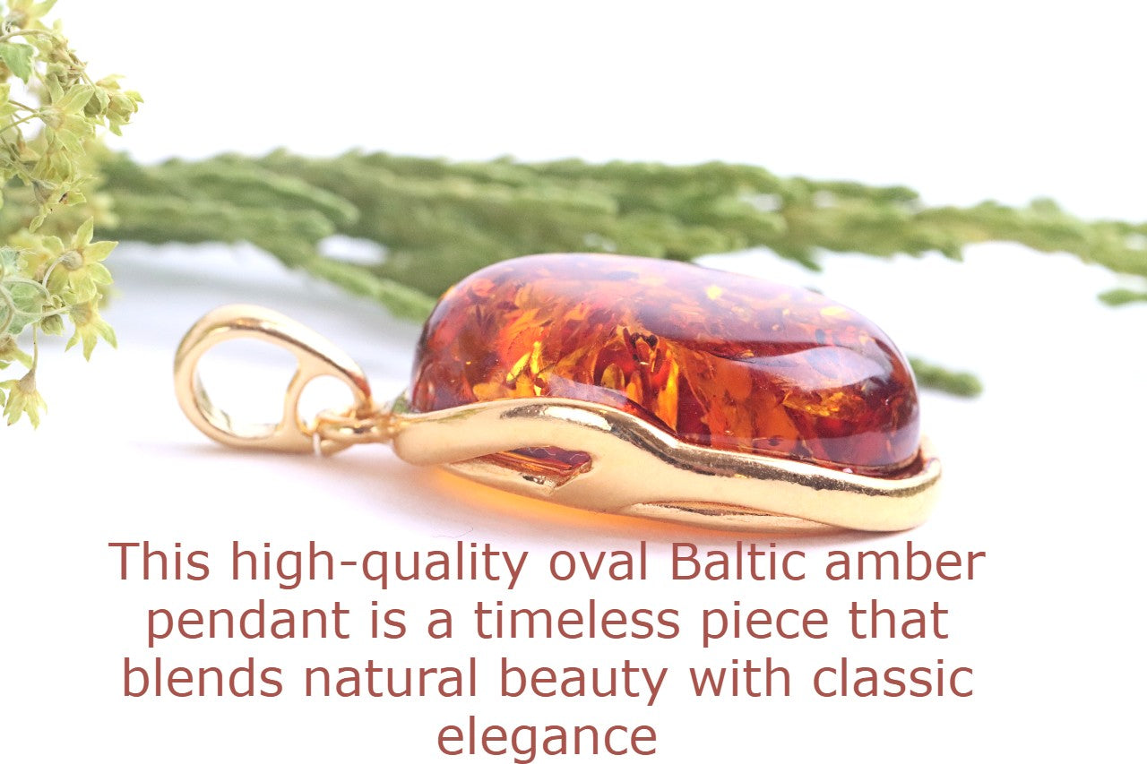 Oval Baltic Amber Pendant on Gold Plated Sterling Silver