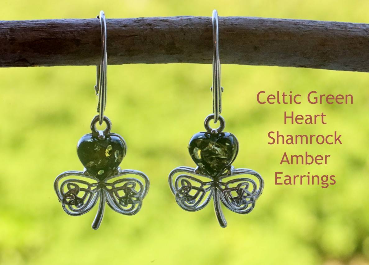 Celtic Green Heart  Amber Earrings