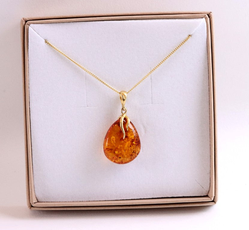 Radiant Baltic Amber Teardrop Pendant on Gold-Plated Silver Christmas Gift