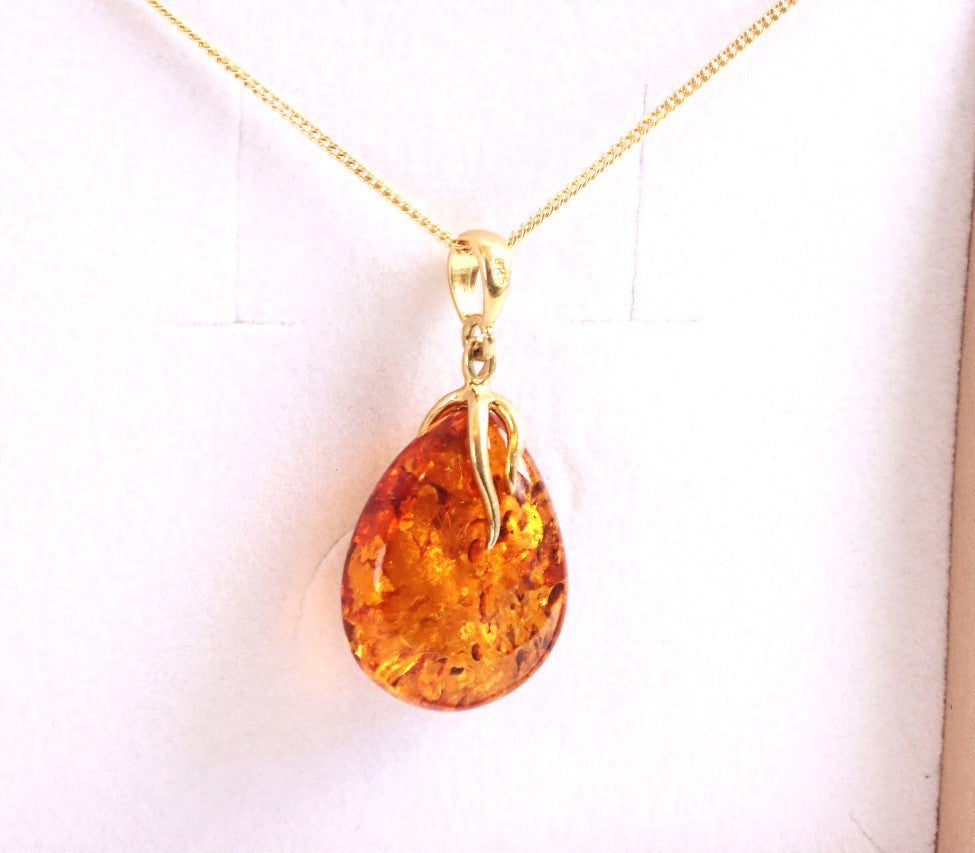 Radiant Baltic Amber Teardrop Pendant on Gold-Plated Silver Christmas Gift