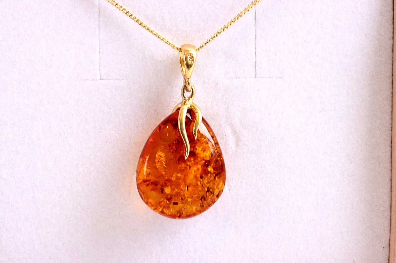 Radiant Baltic Amber Teardrop Pendant on Gold-Plated Silver Christmas Gift