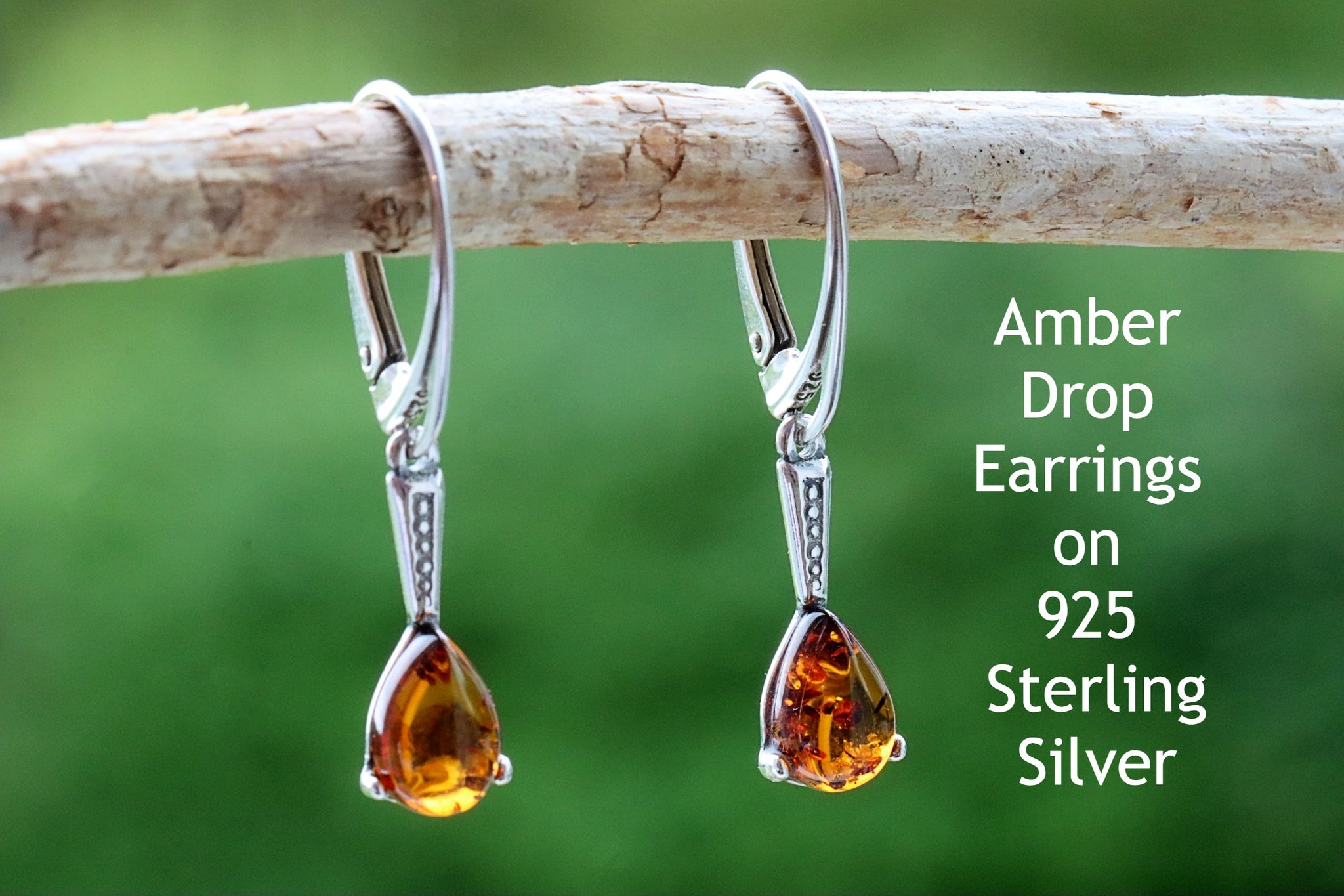 Drop Amber Earrings on 925 Sterling Silver