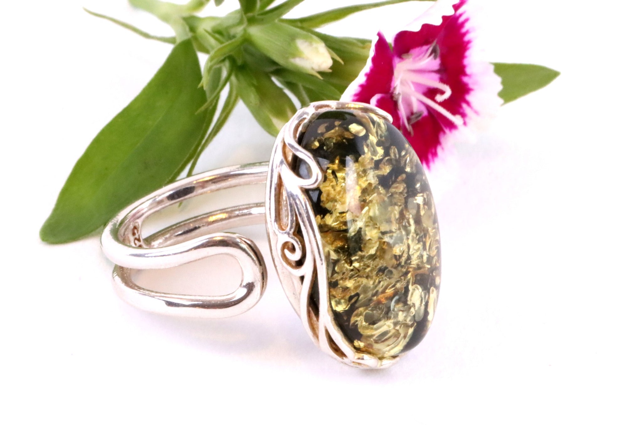 Unique Green Amber Gemstone Ring