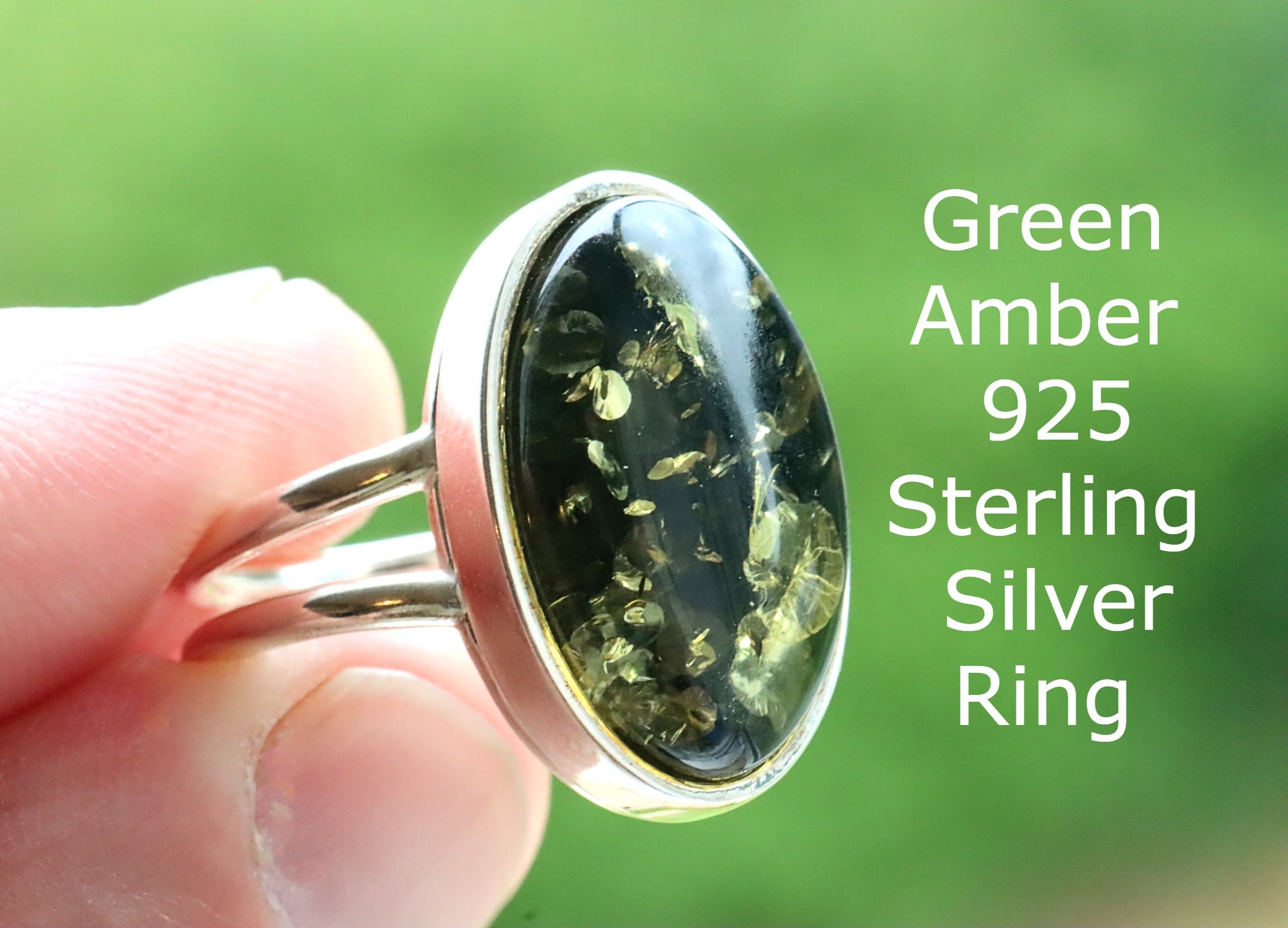 Green Amber and Silver Ring, Free Amber Angel