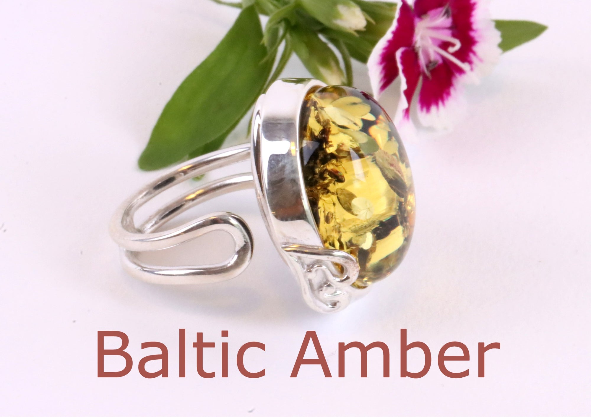Green Baltic Amber and Silver Ring