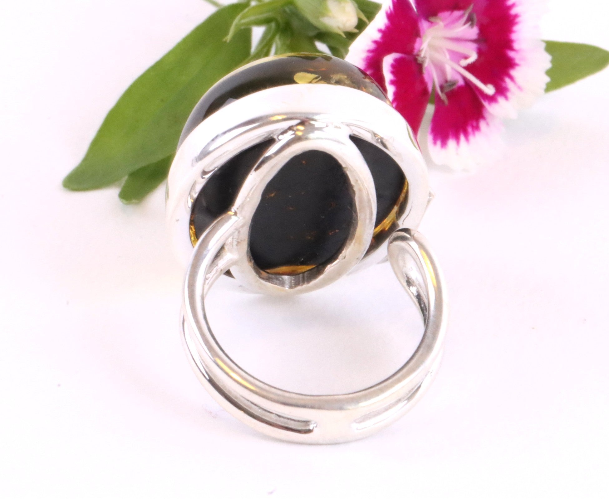 Green Baltic Amber and Silver Ring