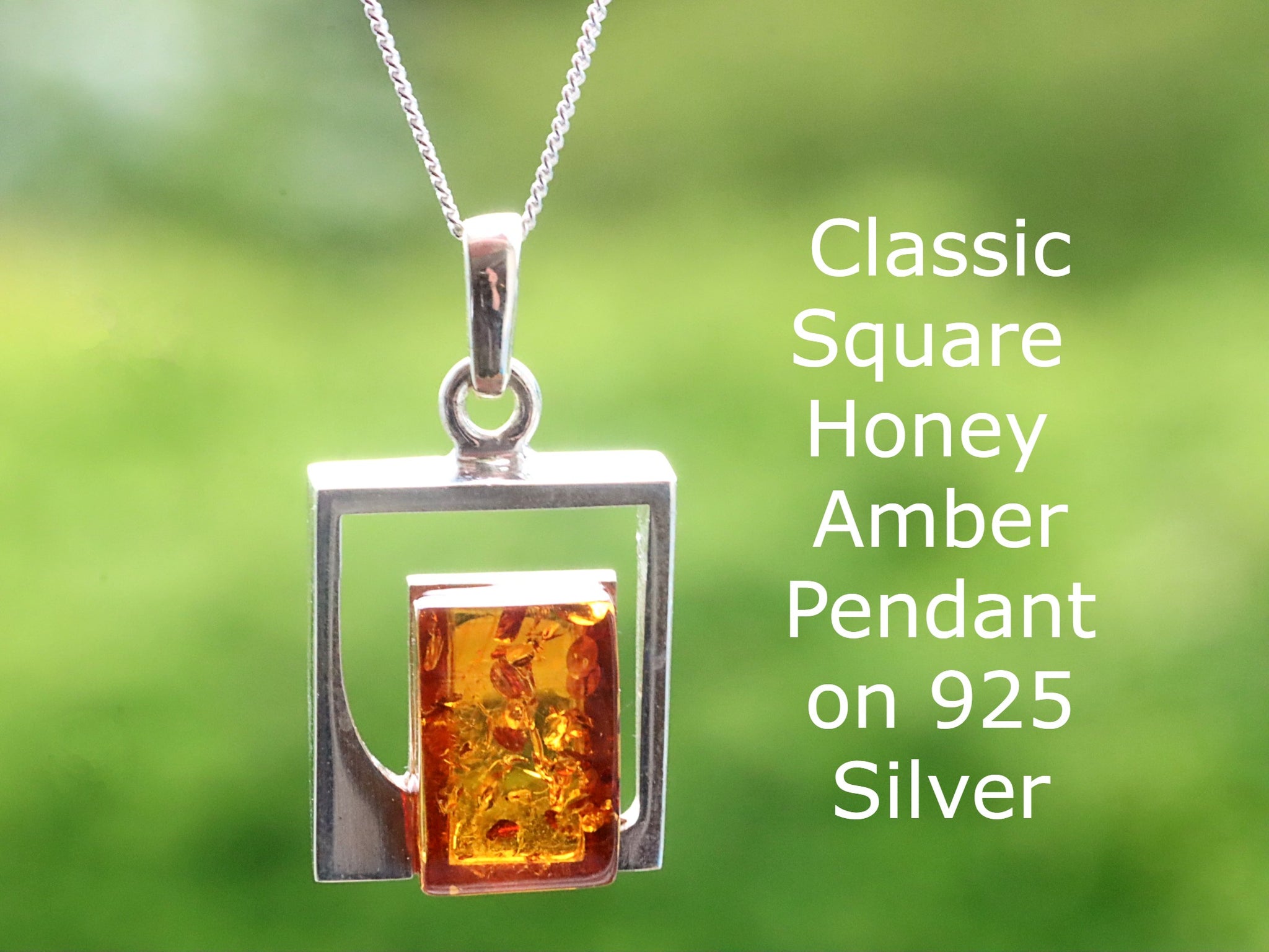 Silver Square Amber Gemstone Pendant.