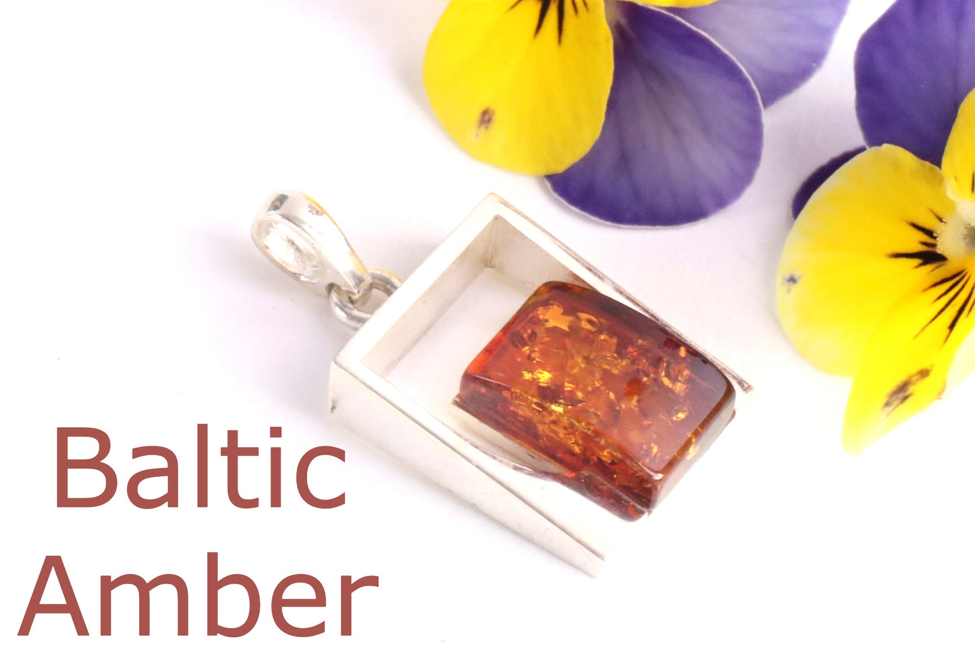 Silver Square Amber Gemstone Pendant.