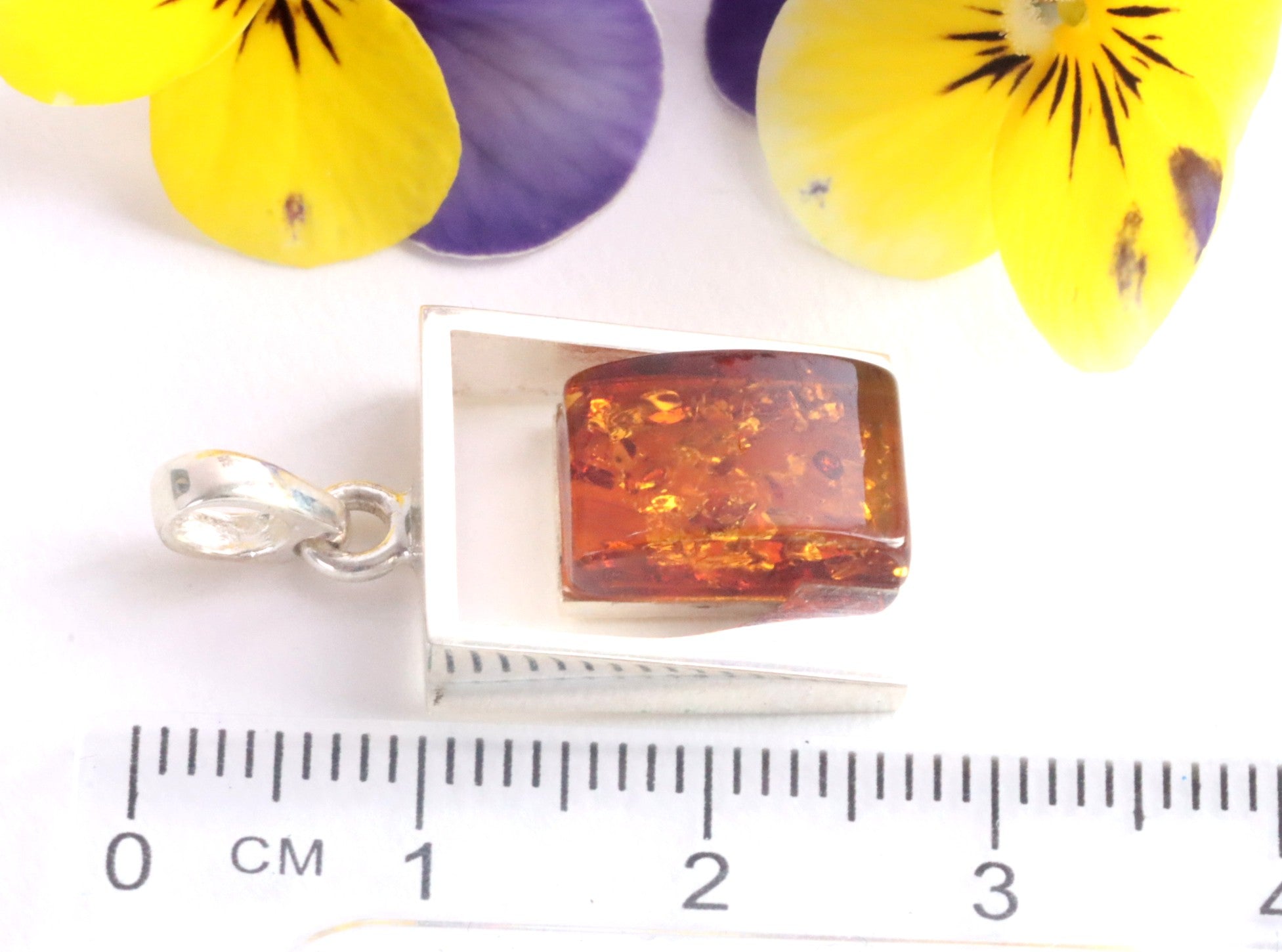 Silver Square Amber Gemstone Pendant.