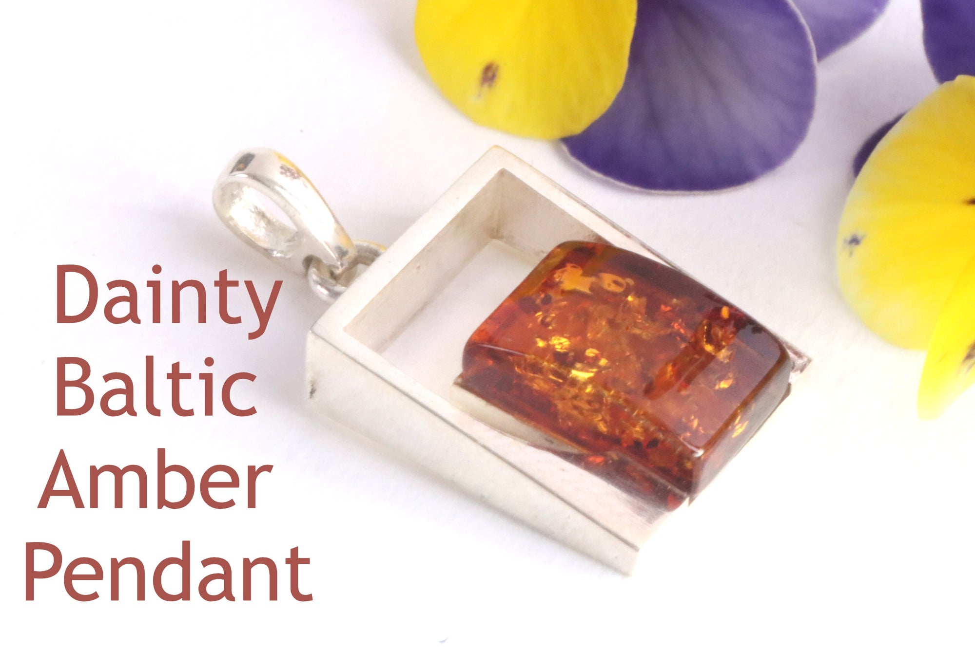 Silver Square Amber Gemstone Pendant.