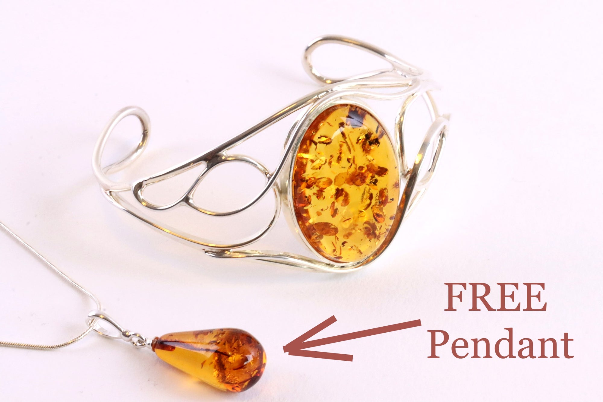 Silver Bangle Honey Amber Gemstone Adjustable Bangle with FREE Pendant