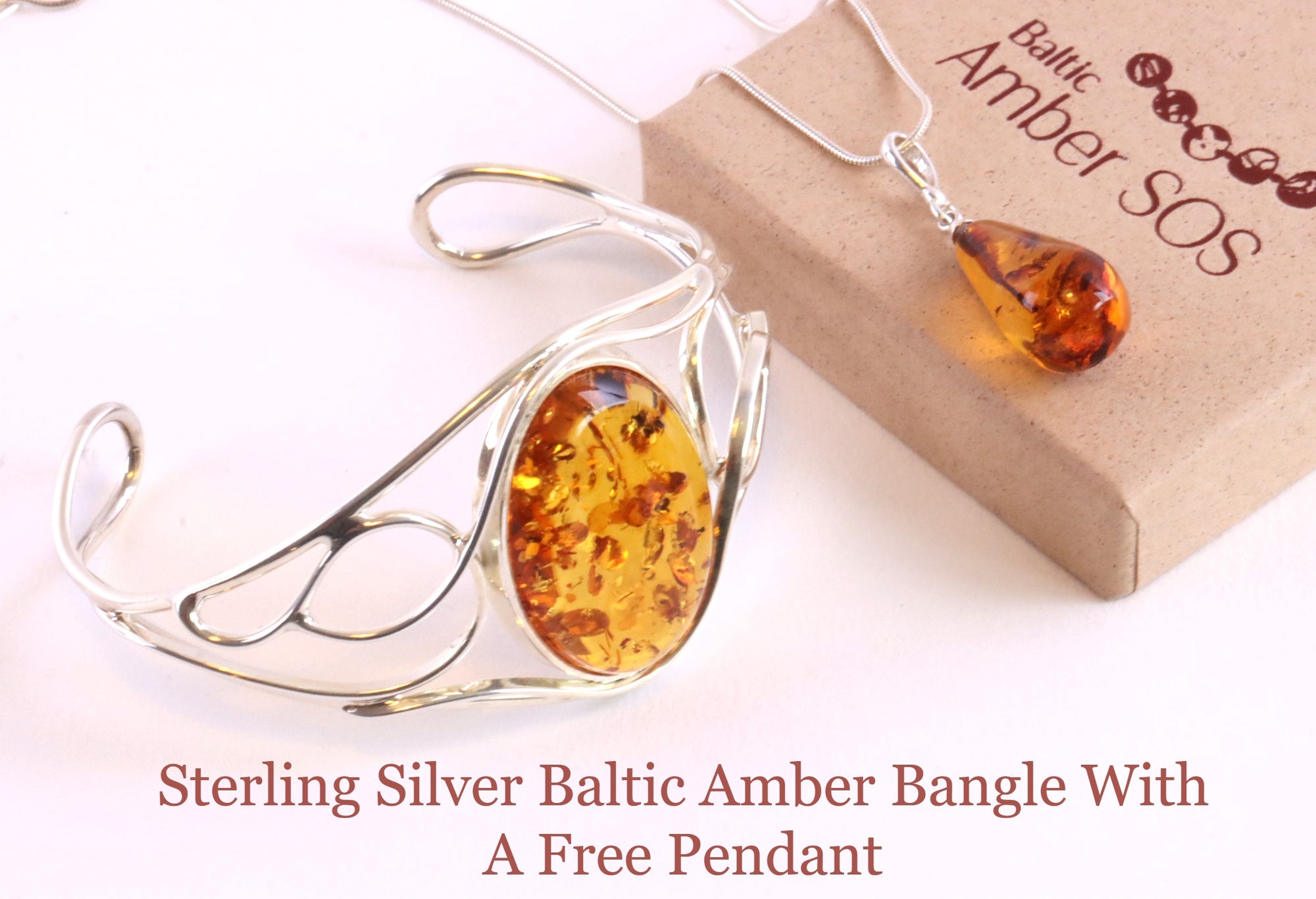 Silver Bangle Honey Amber Gemstone Adjustable Bangle with FREE Pendant