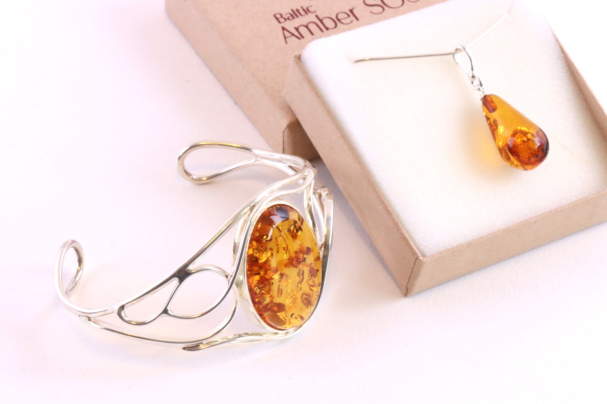 Silver Bangle Honey Amber Gemstone Adjustable Bangle with FREE Pendant