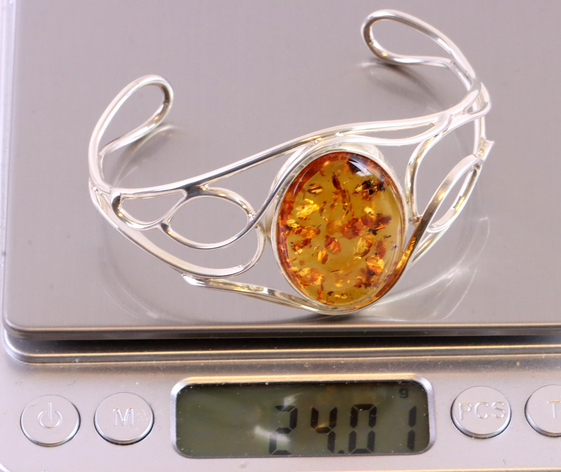 Silver Bangle Honey Amber Gemstone Adjustable Bangle with FREE Pendant